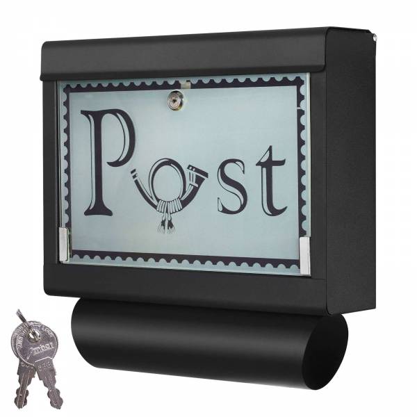 Grafner® Briefkasten mit Zeitungsrolle Schwarz aus Edelstahl und Glas Motiv Post
