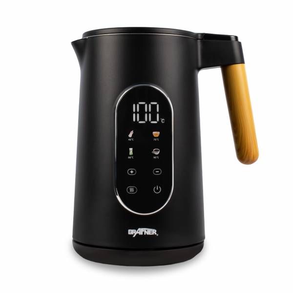 Grafner Digitaler Wasserkocher Holzdekor | 1,7 Liter | 2200 Watt | Display | 40-100°C | 4 Progamme | Warmhalte- und Memoryfunktion | schwarz | WK11158