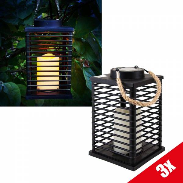3er Set Grafner® LED Solar Laterne mit Kerze 24cm Außen Windlicht mit Kordel