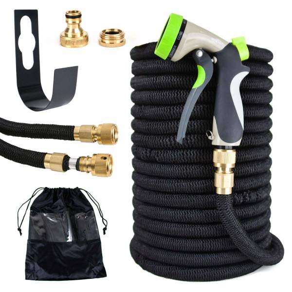 Grafner® Premium Flexibler Gartenschlauch 30m schwarz Messing Anschlüsse + Brause und Wandhalter