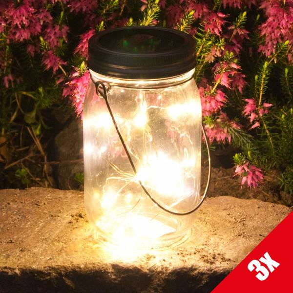 3er Set Grafner® LED Solarleuchte im Einmachglas mit 10 Micro Lichterkette Solarlaterne 13,5cm