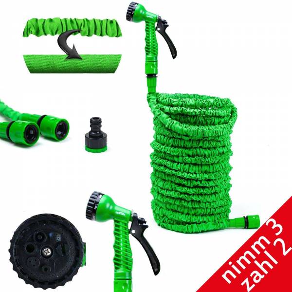 Aktion: Nimm 3 Zahl 2! Grafner® Flexibler 1/2" Gartenschlauch 15 m inkl. 7 Funktionen Brause