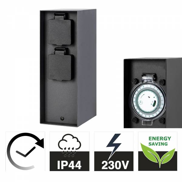 Grafner® Steckdosensäule Anthrazit mit Timer und 2 Außensteckdosen Edelstahl Gartensteckdose Energiesäule