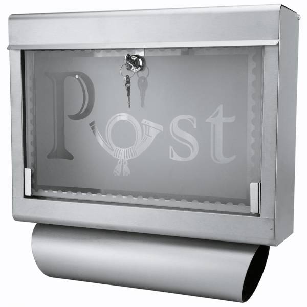 Grafner® Briefkasten mit Zeitungsrolle aus Edelstahl und Glas Motiv Post