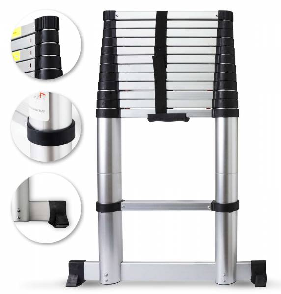 Grafner® Alu Teleskopleiter 3,8m mit Softclose und Querfuß Mehrzweckleiter