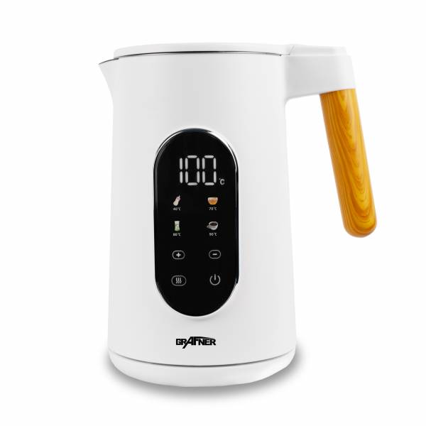 Grafner Digitaler Wasserkocher Holzdekor | 1,7 Liter | 2200 Watt | Display | 40-100°C | 4 Progamme | Warmhalte- und Memoryfunktion | weiss | WK11157